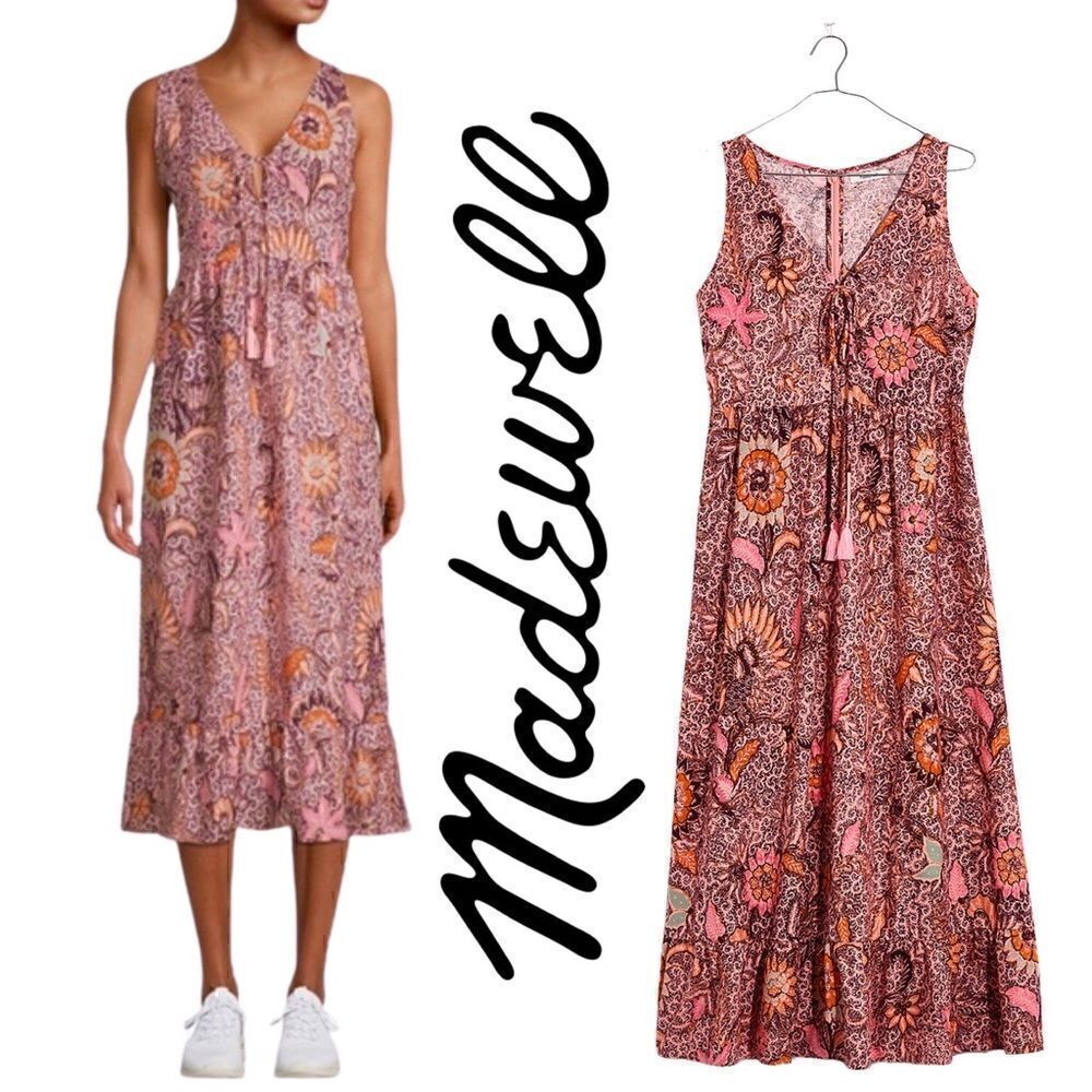 New! Madewell Lace Up Ruffle Hem Floral Oversized Midi Dress
